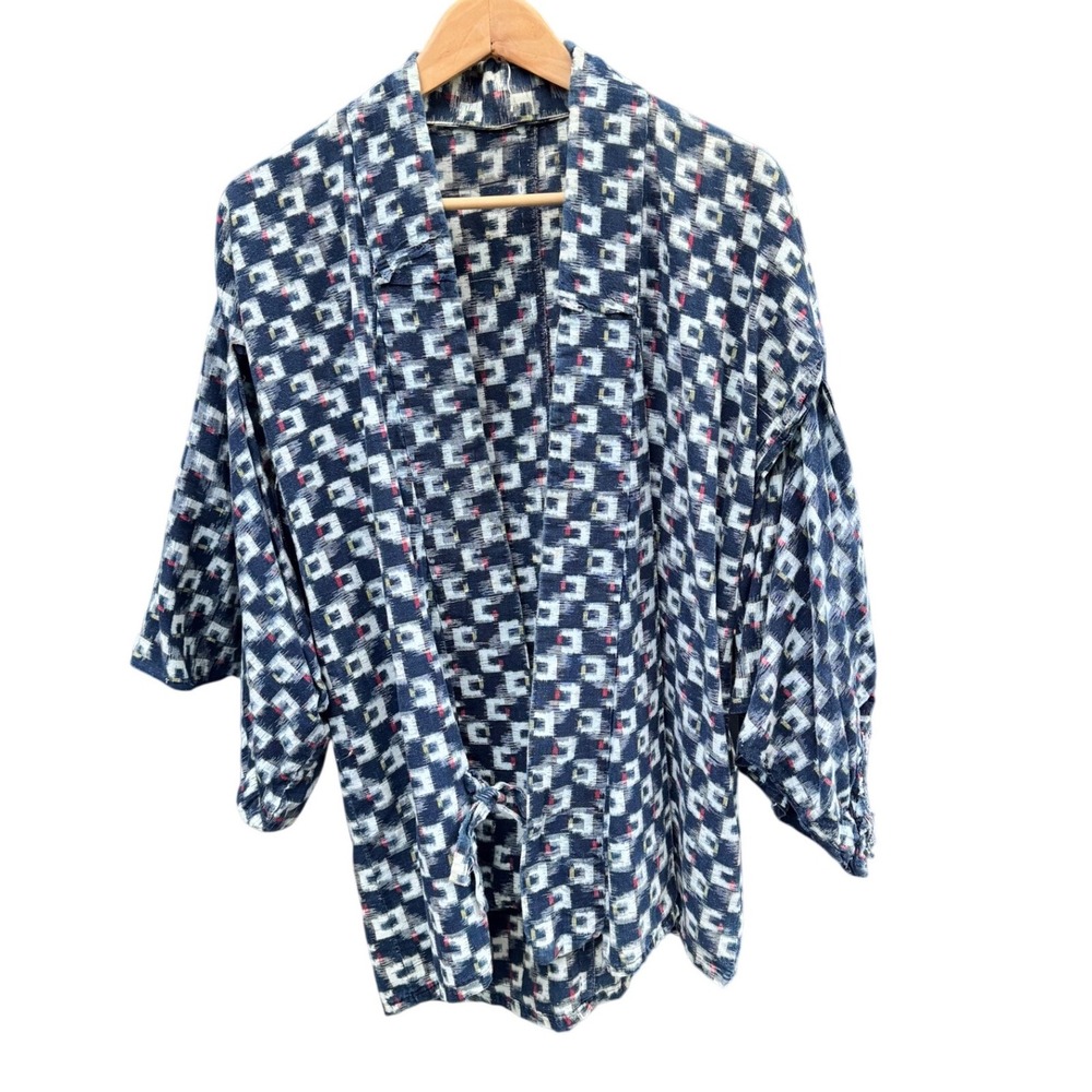 Vintage Japanese Kimono Haori Jacket Navy Blue Geometric Kasuri Ikat Cotton